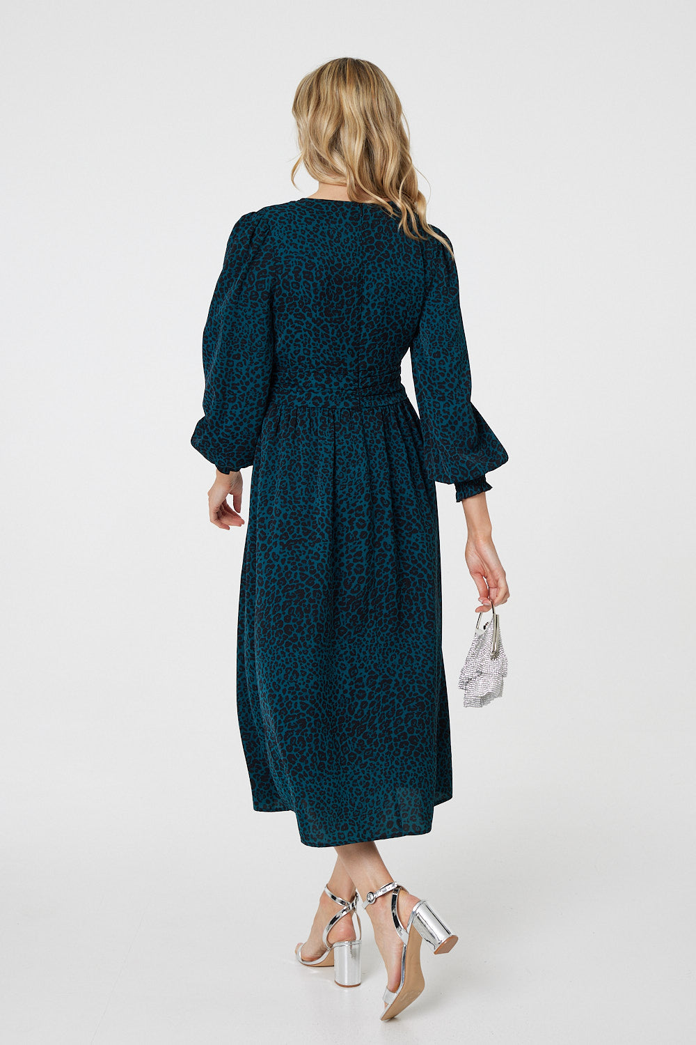 Animal Print Long Puff Sleeve Midi Dress Side View