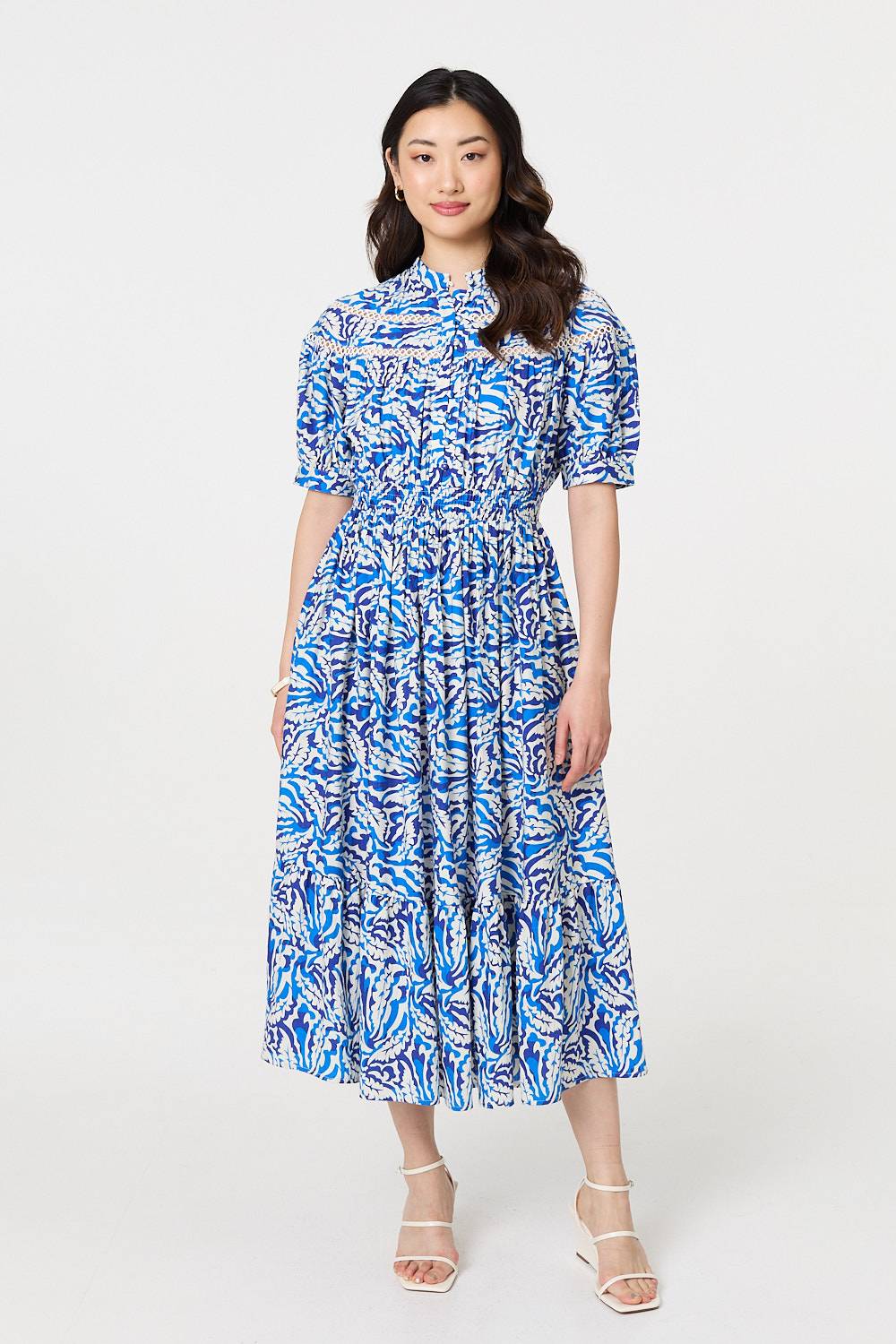 Leaf Print 1/2 Sleeve Midi Shirt Dress Front View