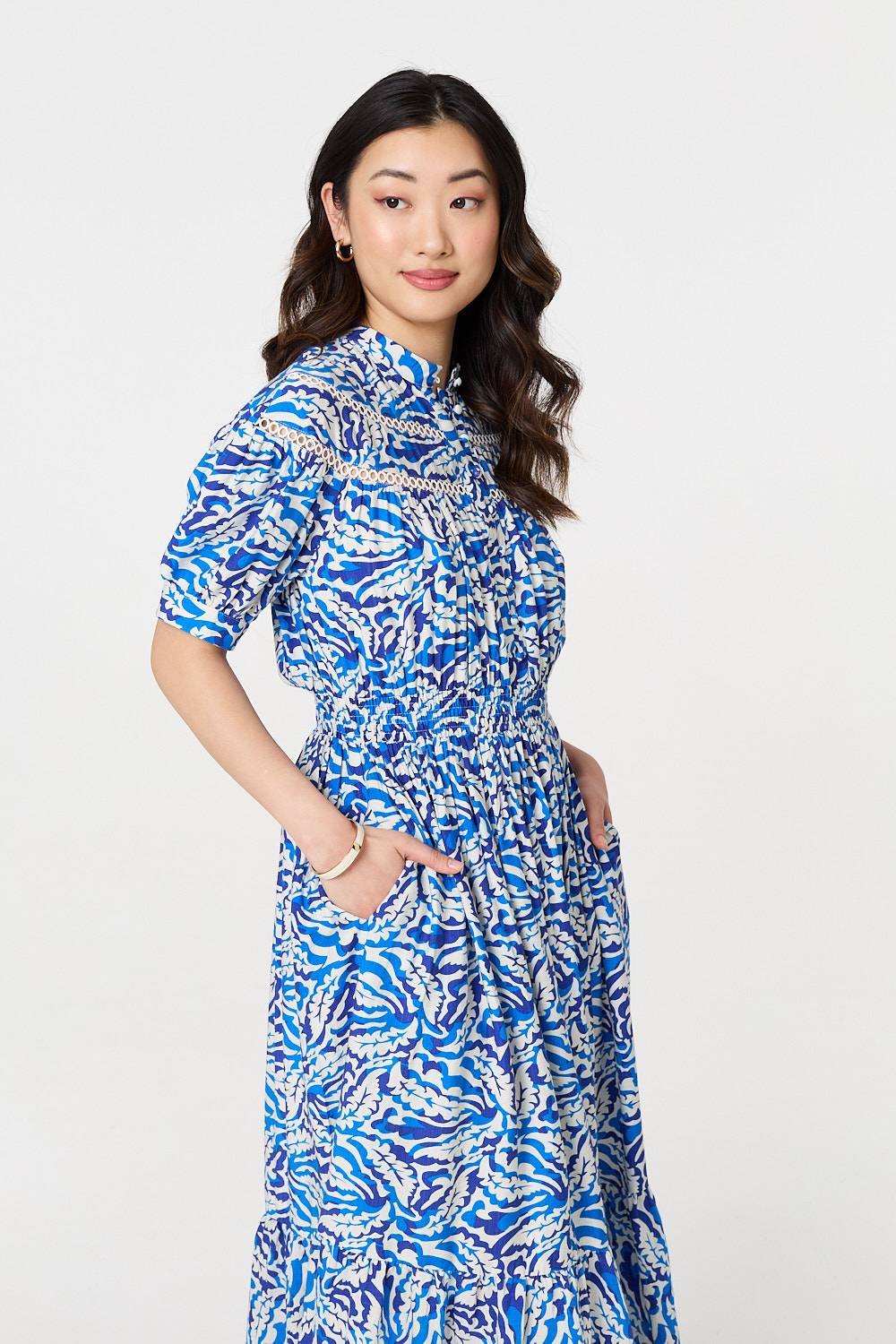Leaf Print 1/2 Sleeve Midi Shirt Dress Styled View