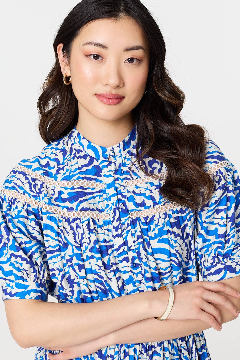 Leaf Print 1/2 Sleeve Midi Shirt Dress Back View
