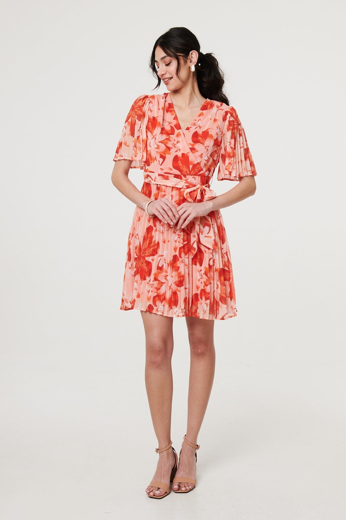 Floral Pleated Angel Sleeve Mini Dress Front View 2