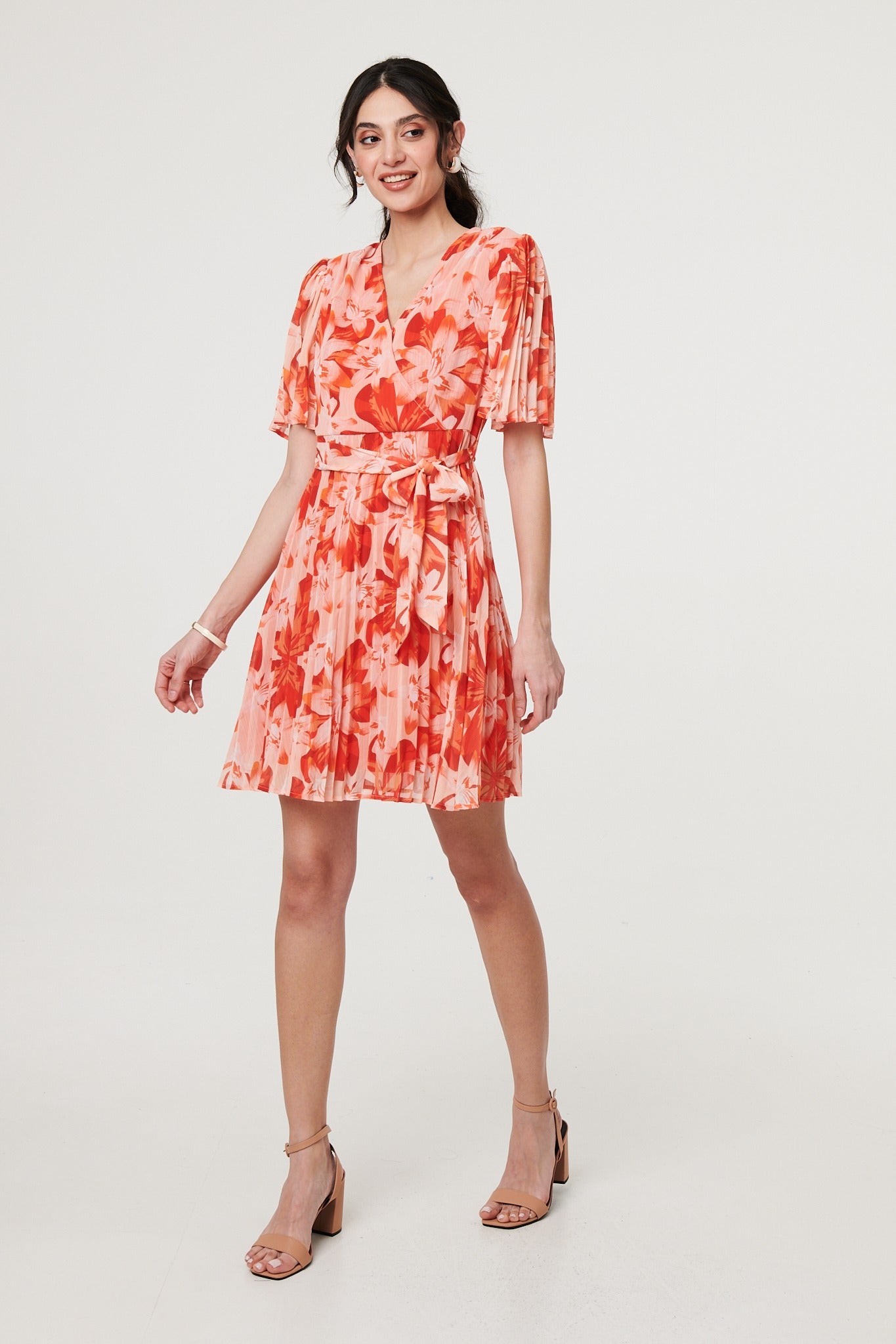 Floral Pleated Angel Sleeve Mini Dress Back View