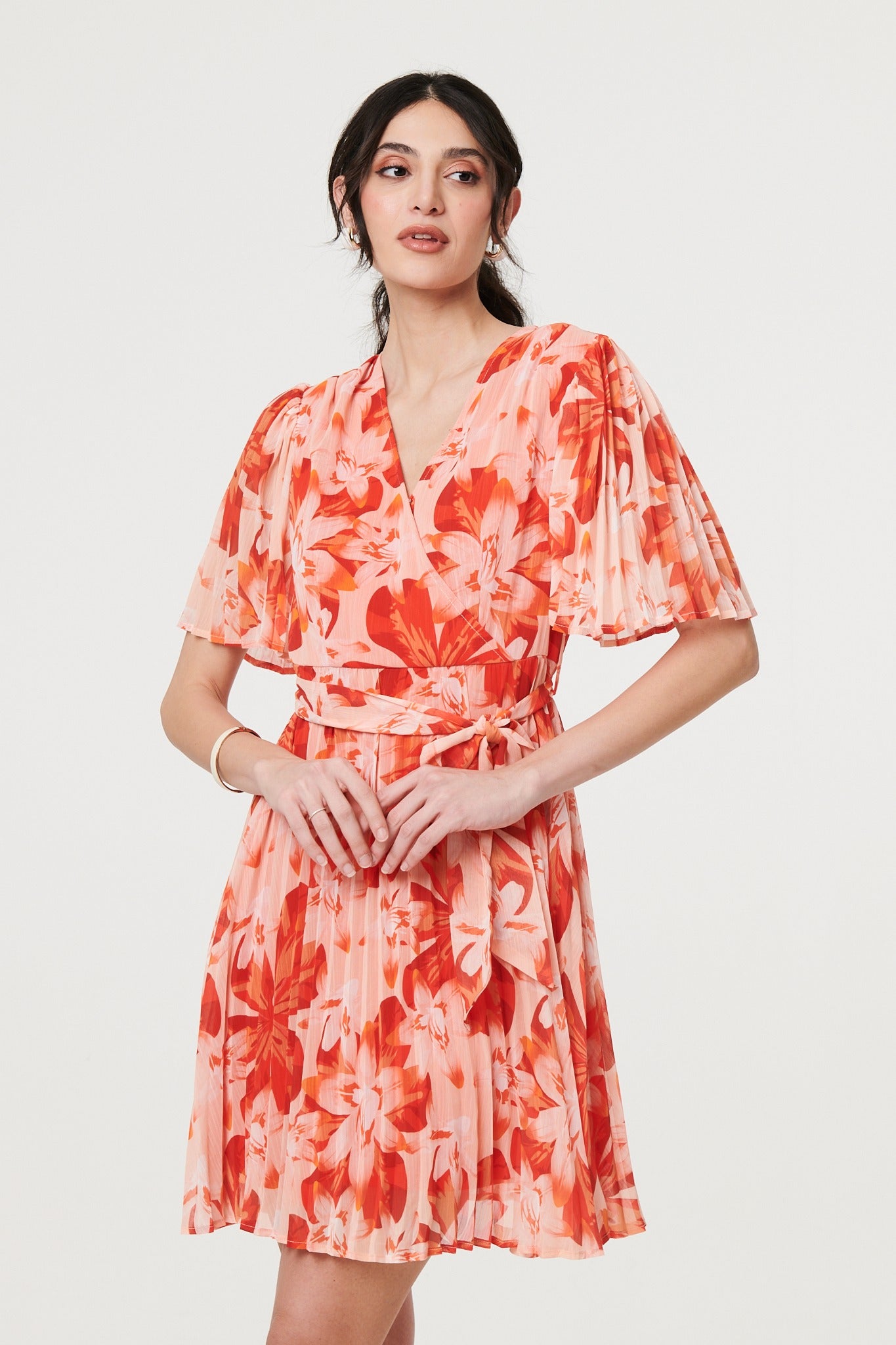 Floral Pleated Angel Sleeve Mini Dress Front View