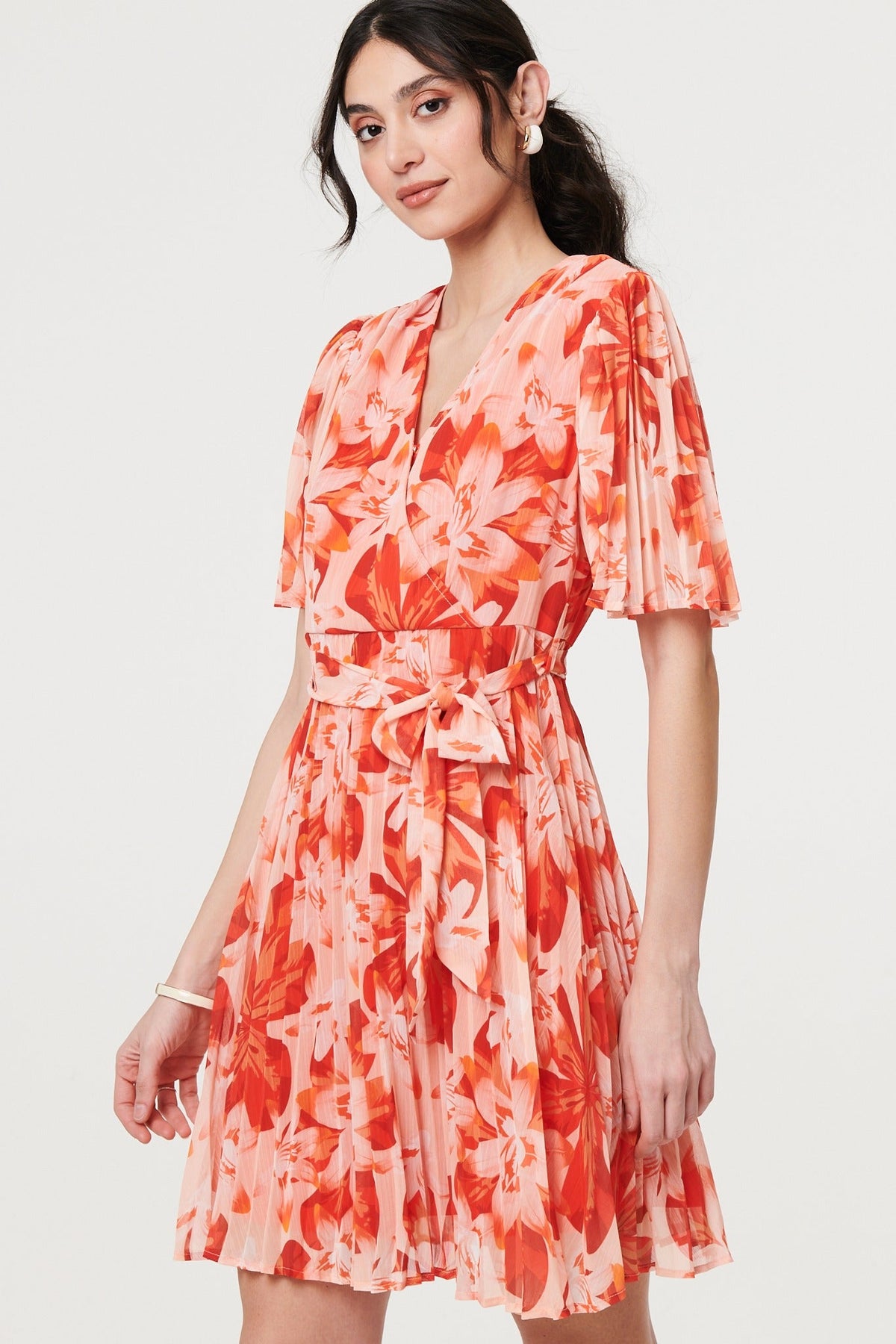 Floral Pleated Angel Sleeve Mini Dress Styled View