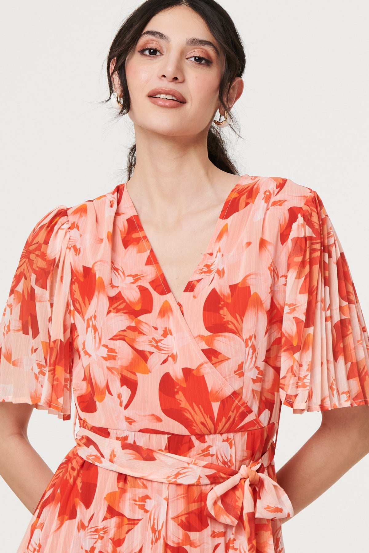 Floral Pleated Angel Sleeve Mini Dress Detail View