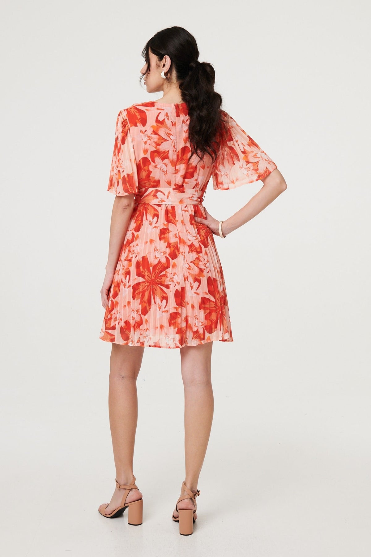 Floral Pleated Angel Sleeve Mini Dress Side View