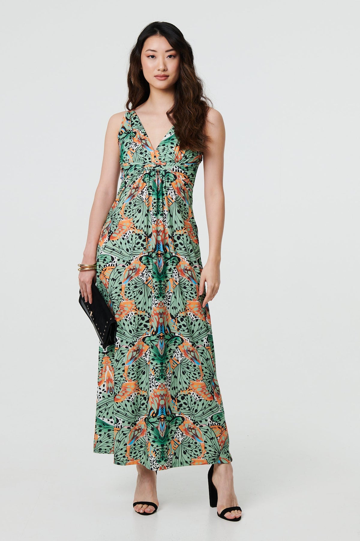 Butterfly Print V-Neck Empire Maxi Dress Back View
