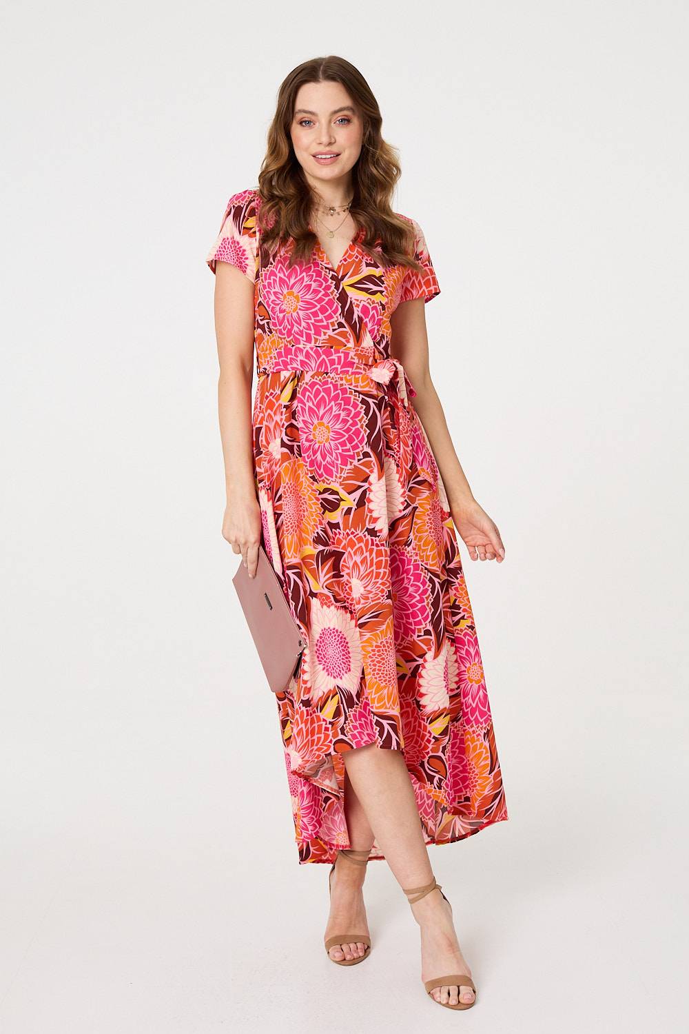 Floral Short Sleeve Tie Waist Midi Dress Front View
