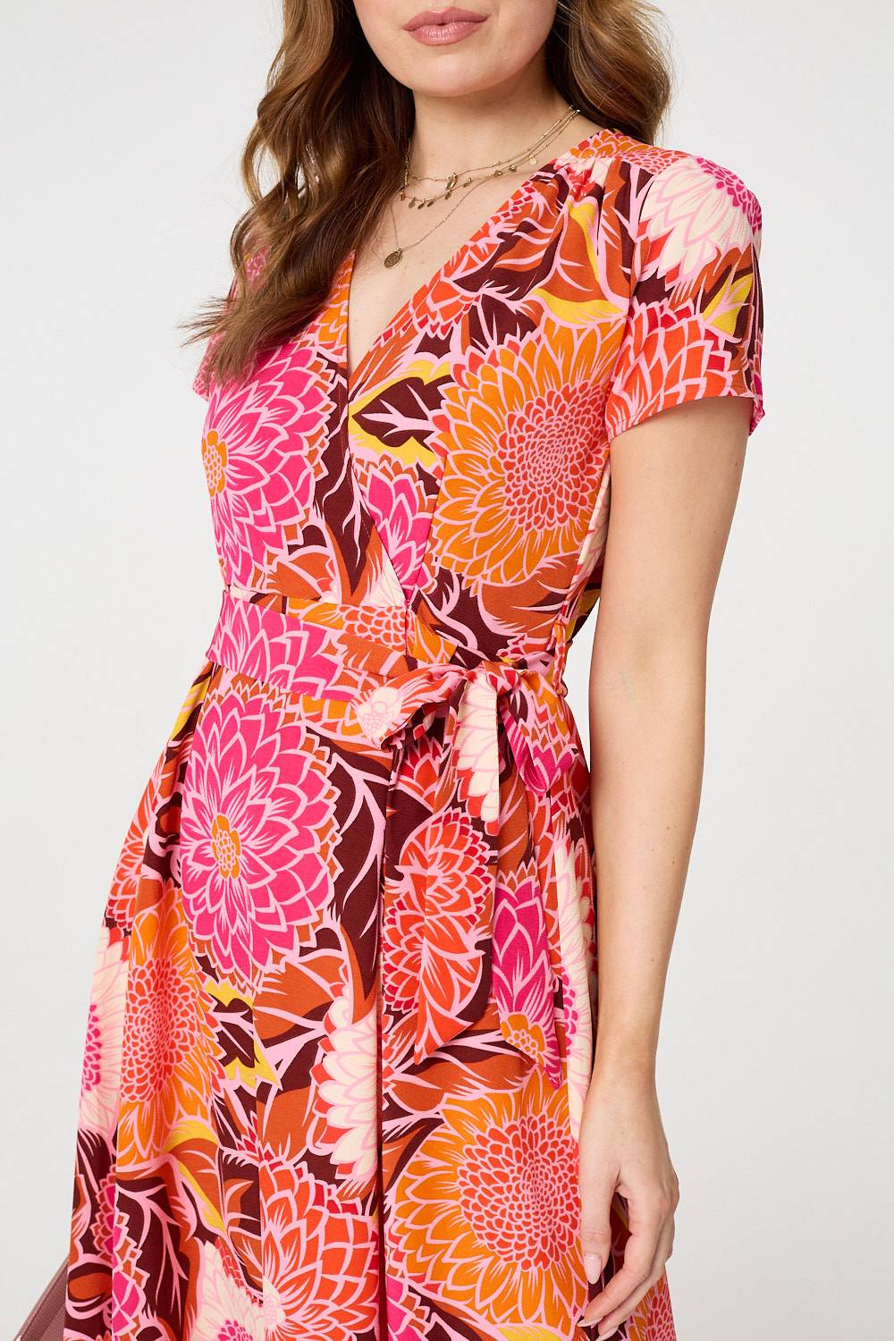 Floral Short Sleeve Tie Waist Midi Dress Detail View