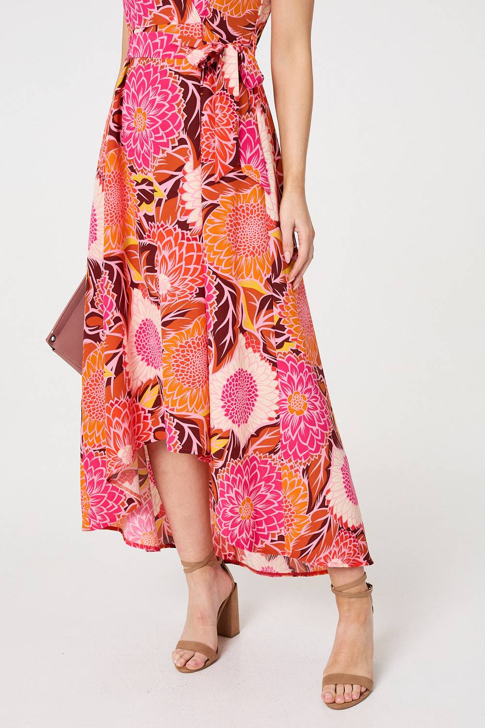 Floral Short Sleeve Tie Waist Midi Dress Styled View
