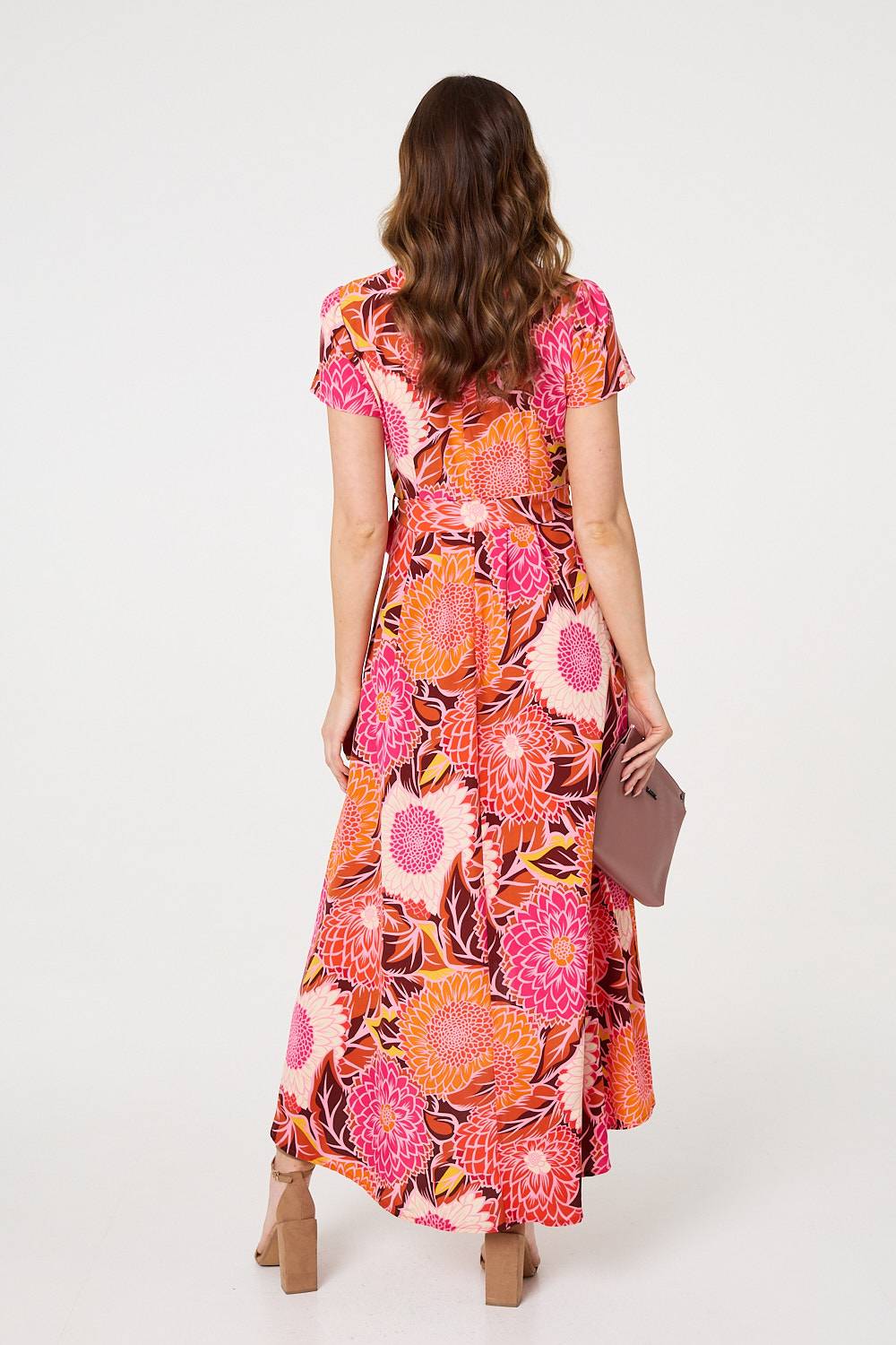 Floral Short Sleeve Tie Waist Midi Dress Side View