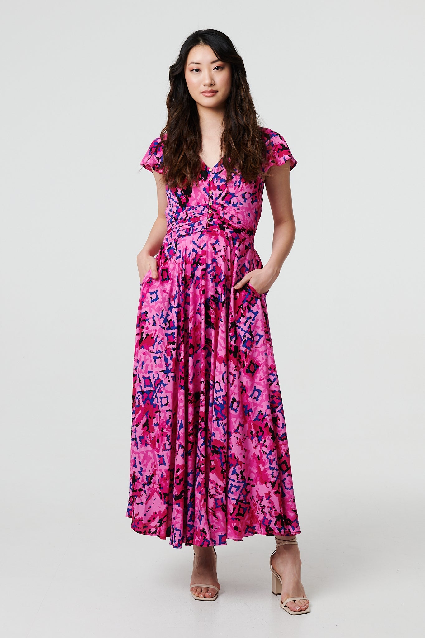 Abstract Ruched Waist Cap Sleeve Maxi Dress Front View