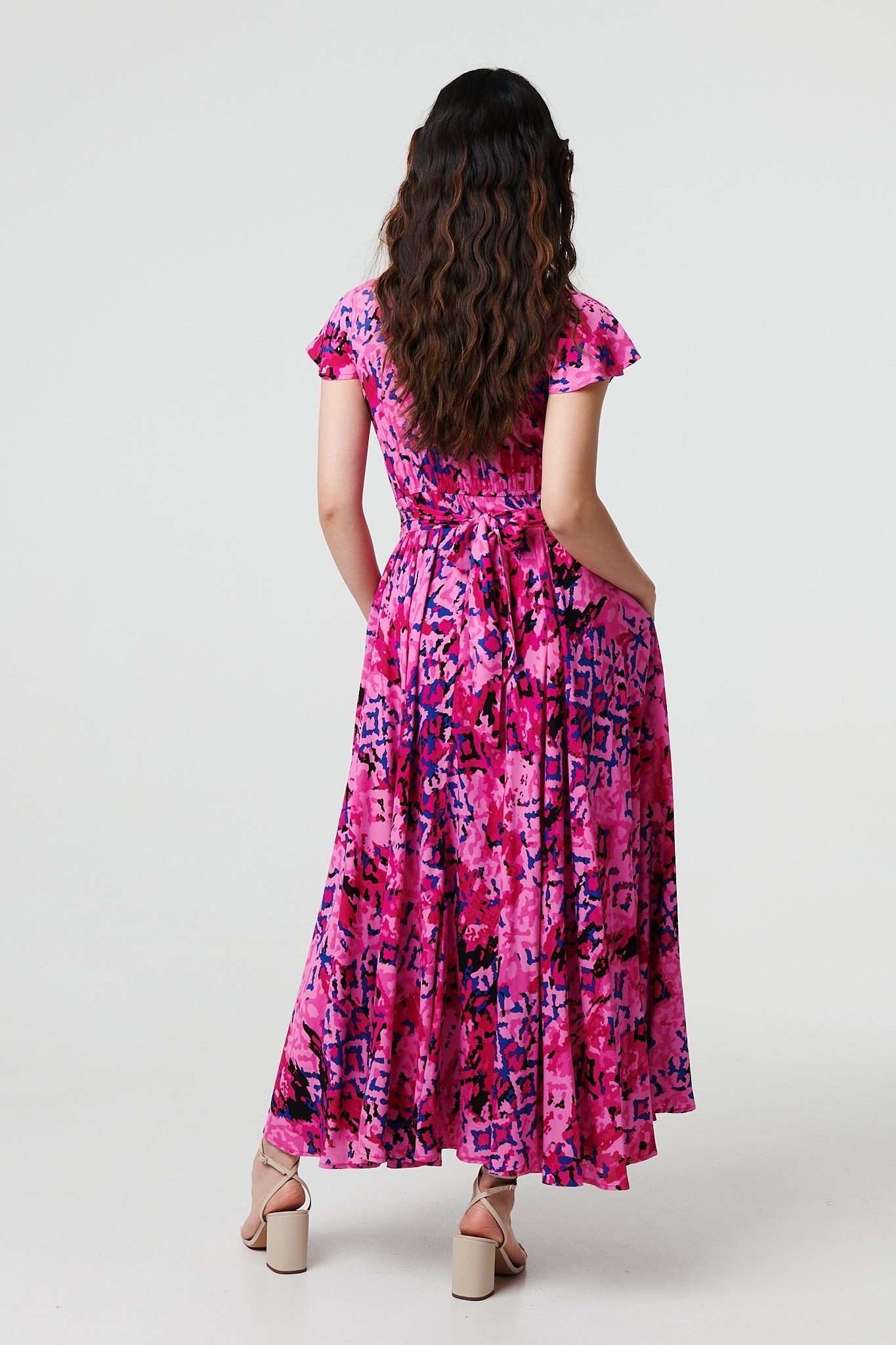 Abstract Ruched Waist Cap Sleeve Maxi Dress Side View