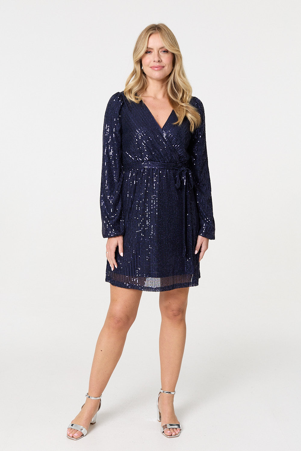 Sparkly Sequin Long Sleeve Mini Wrap Dress Side View 3