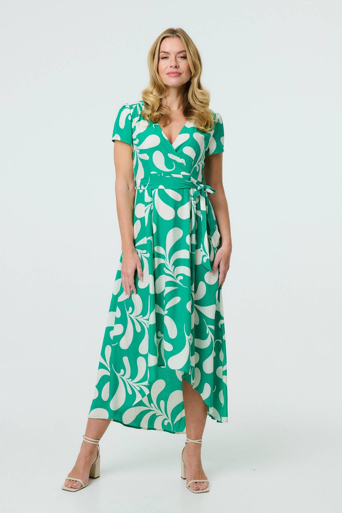 Printed Tie Waist Split Hem Midi Dress Side View
