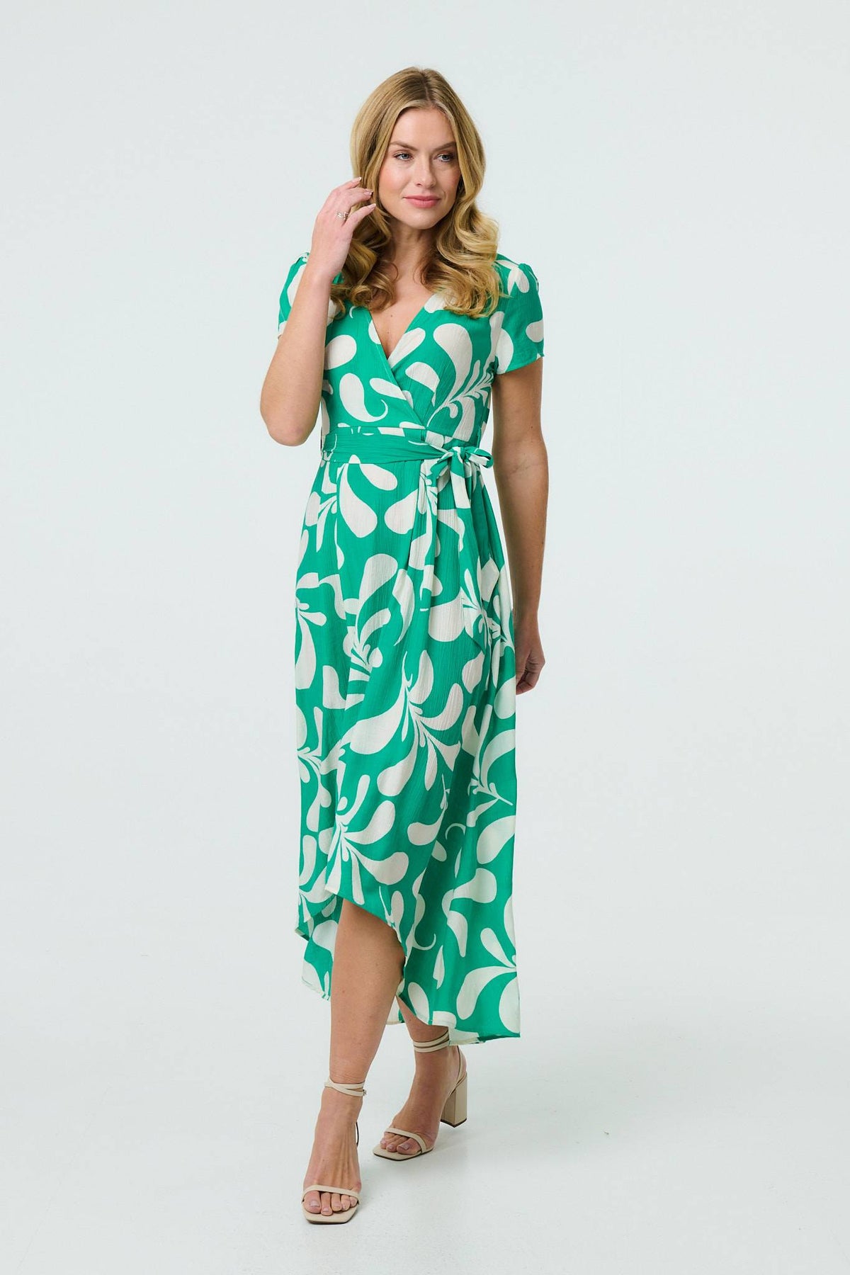 Printed Tie Waist Split Hem Midi Dress Front View 2