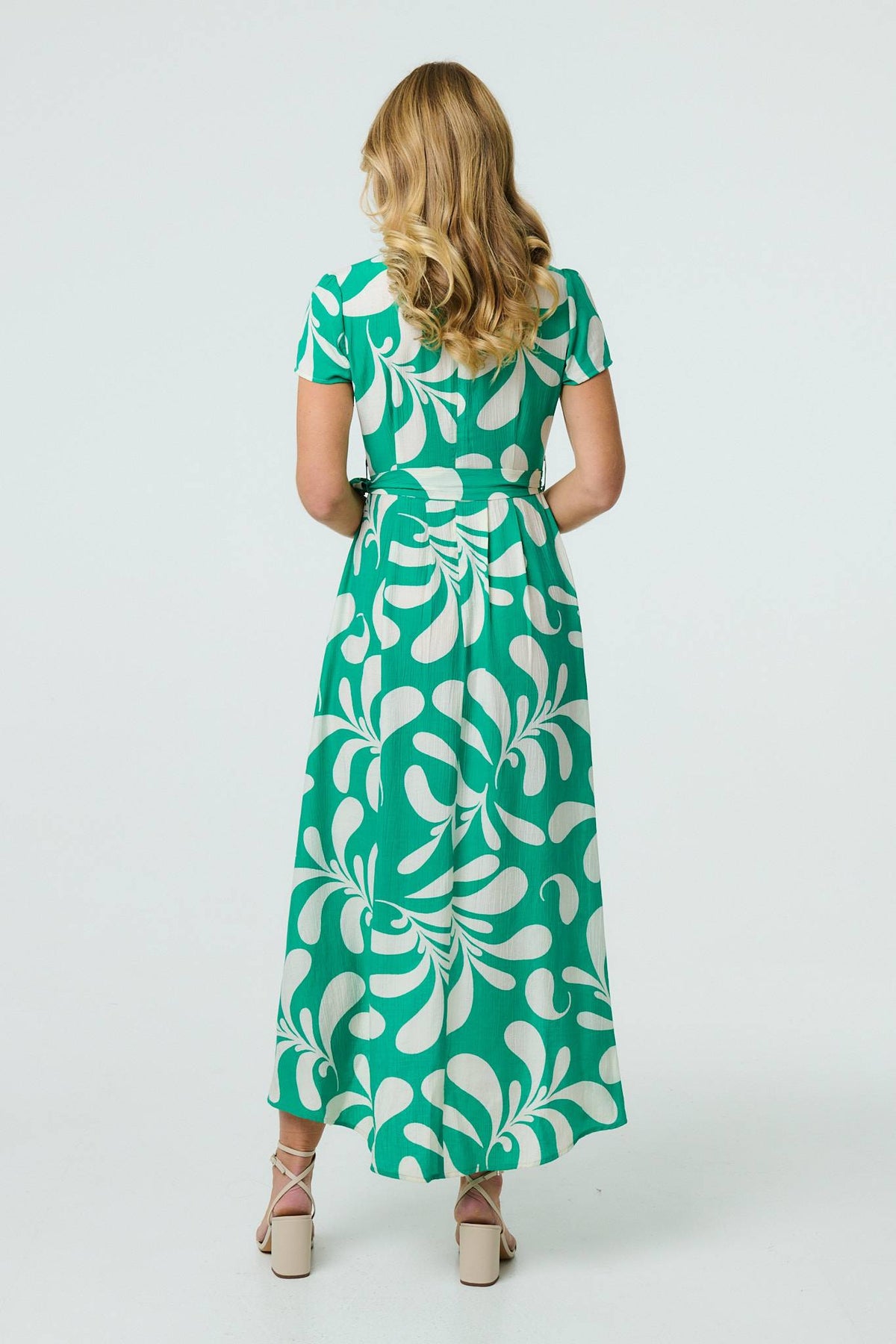 Printed Tie Waist Split Hem Midi Dress Styled View