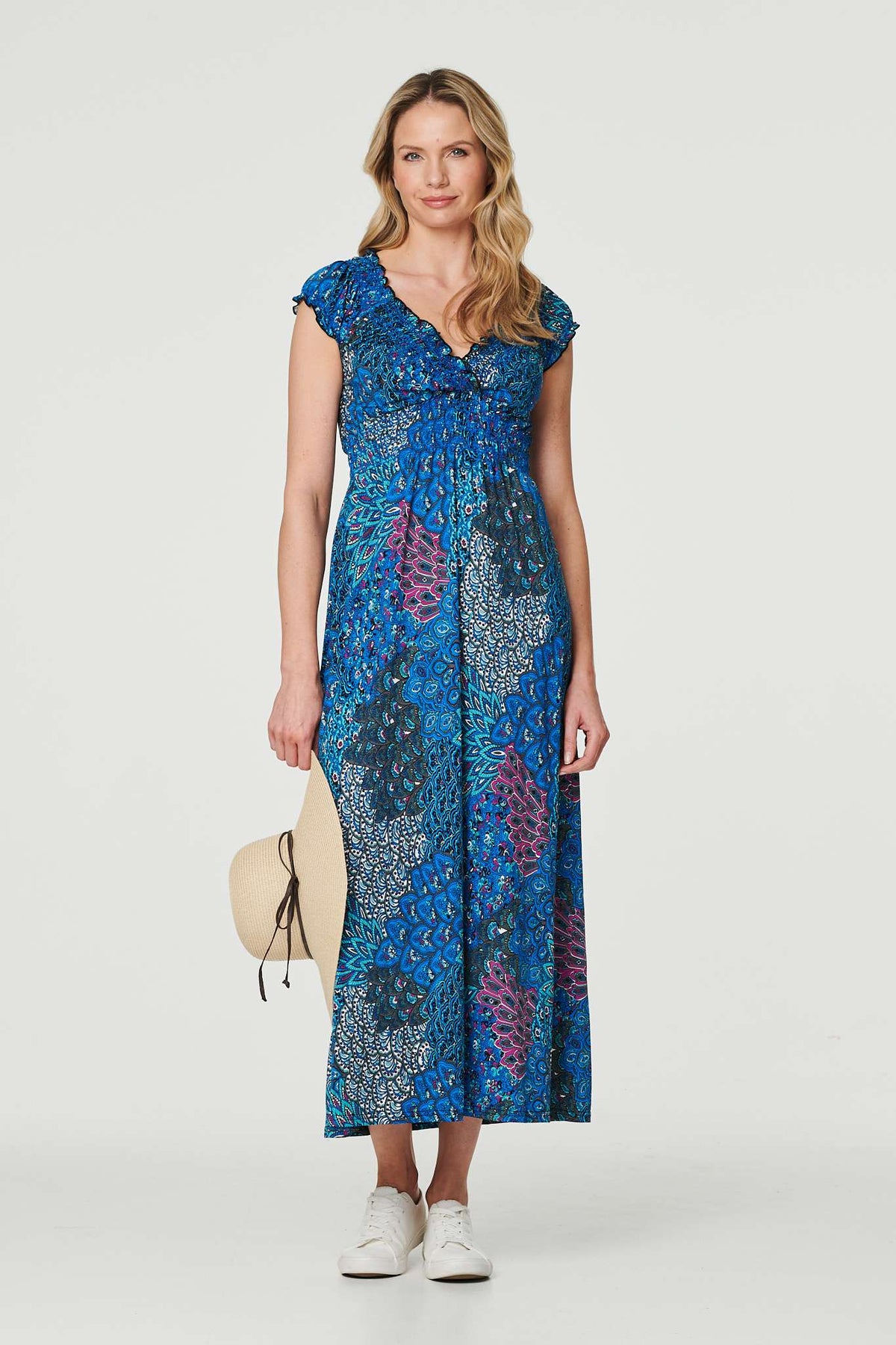 Peacock Print V-Neck Maxi Dress Full Length View