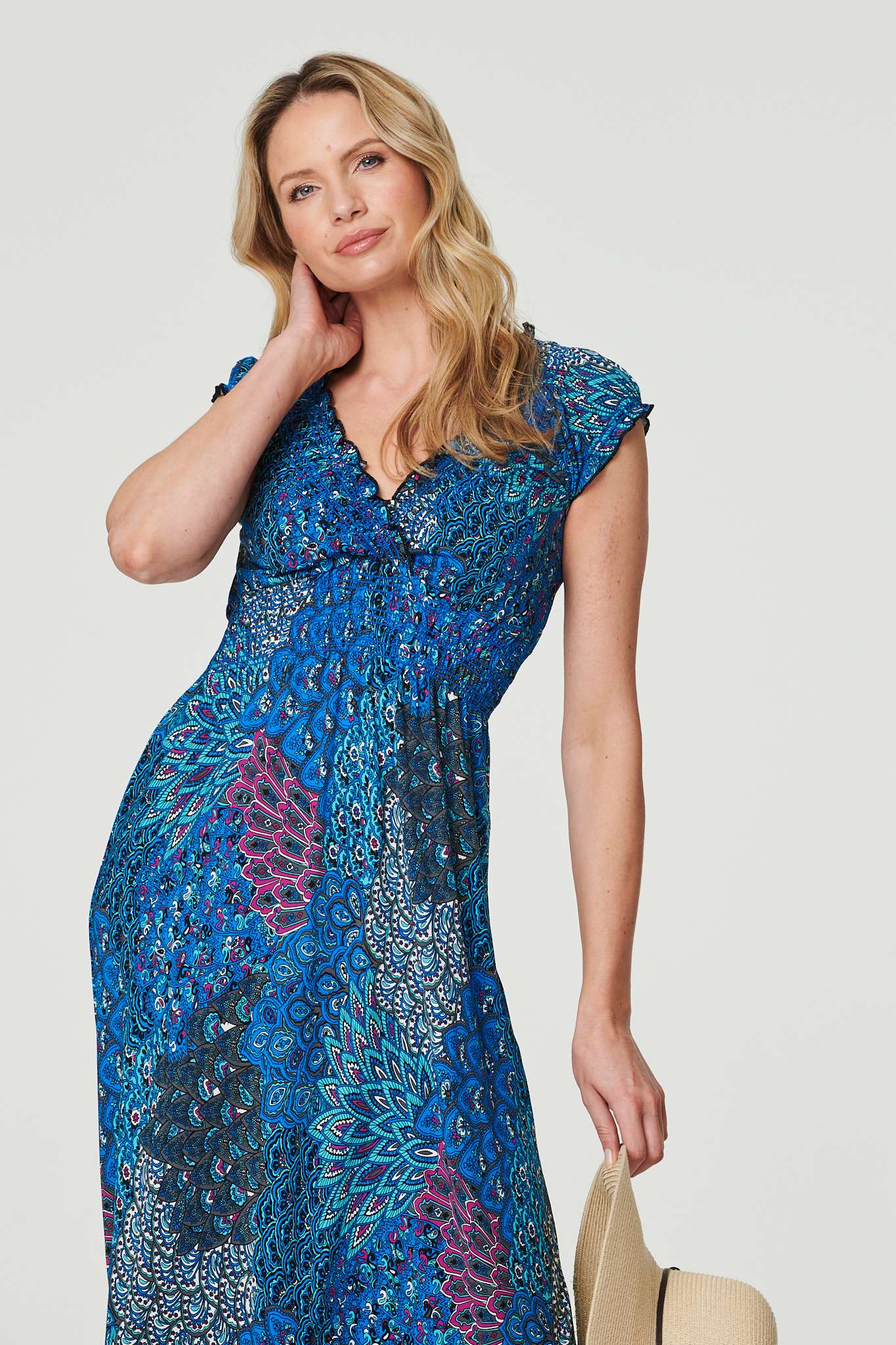 Peacock Print V-Neck Maxi Dress Back View