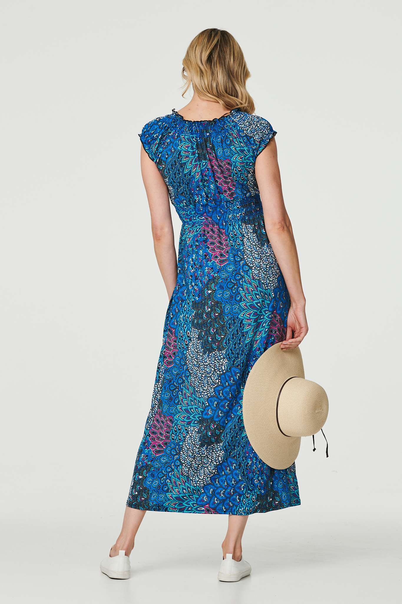 Peacock Print V-Neck Maxi Dress Front View 3
