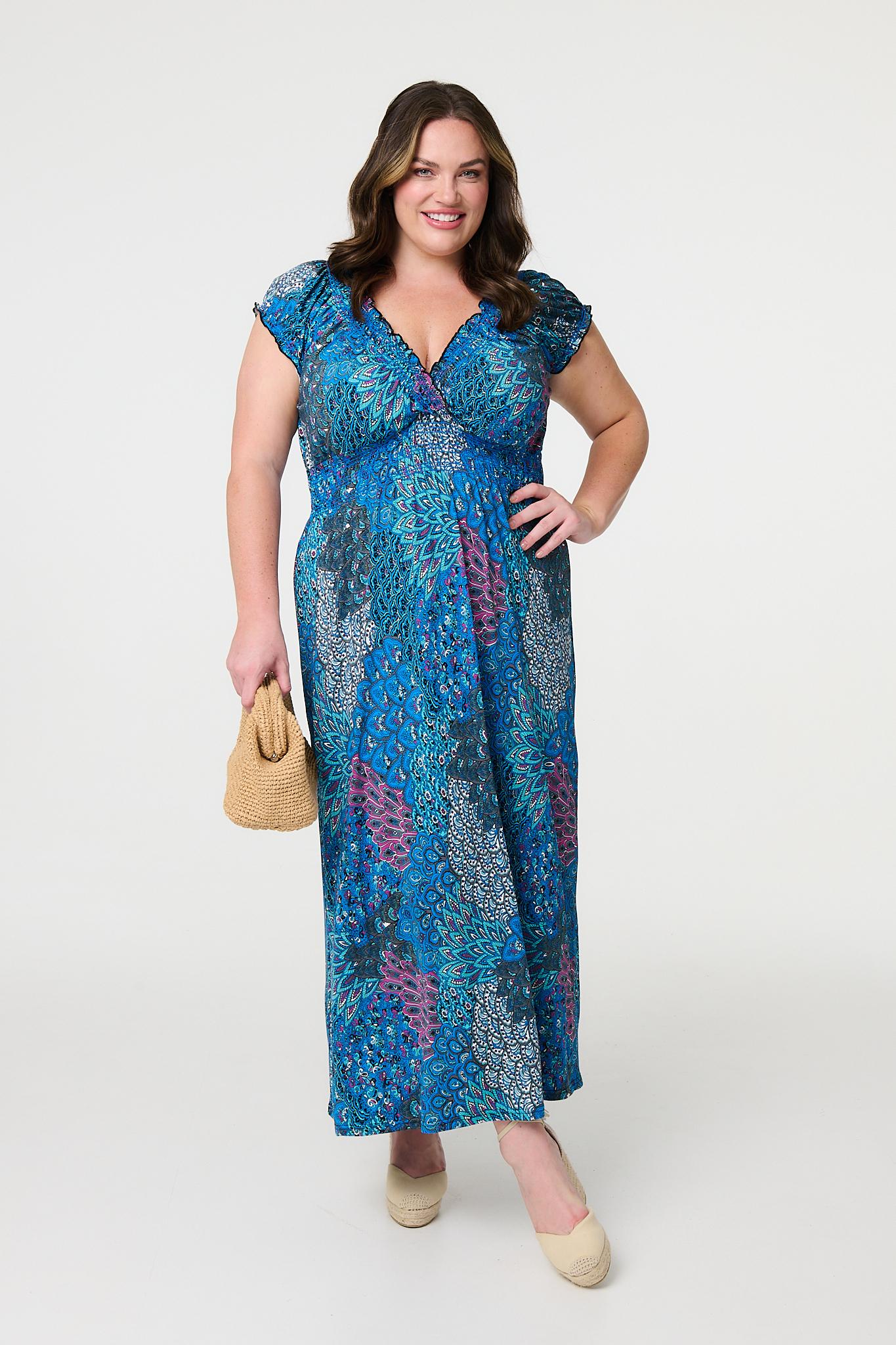 Peacock Print V-Neck Maxi Dress Front View
