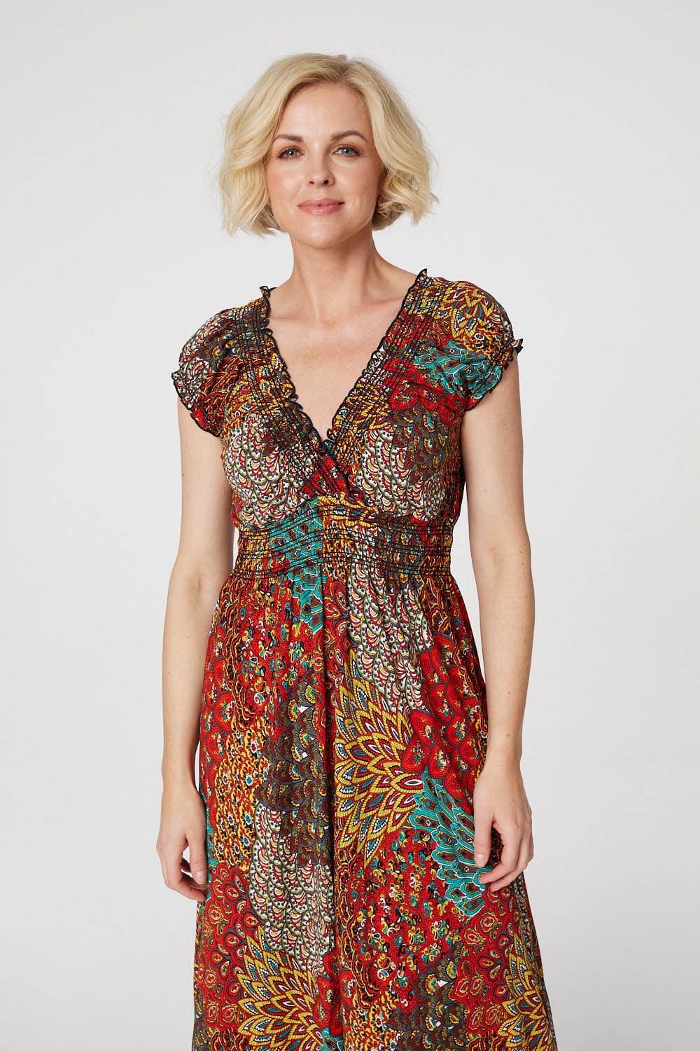 Peacock Print V-Neck Maxi Dress Styled View 3
