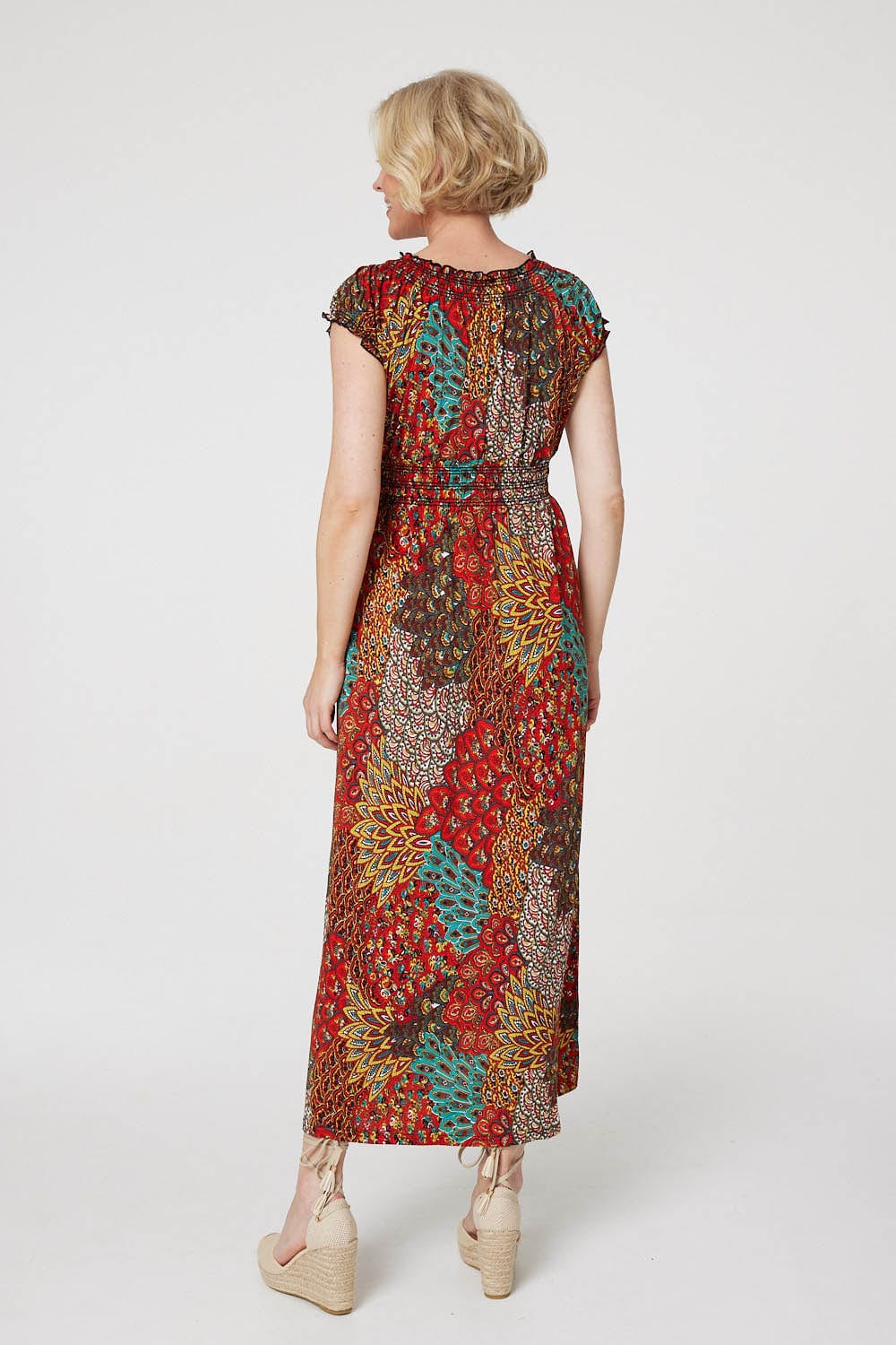 Peacock Print V-Neck Maxi Dress Side View 2