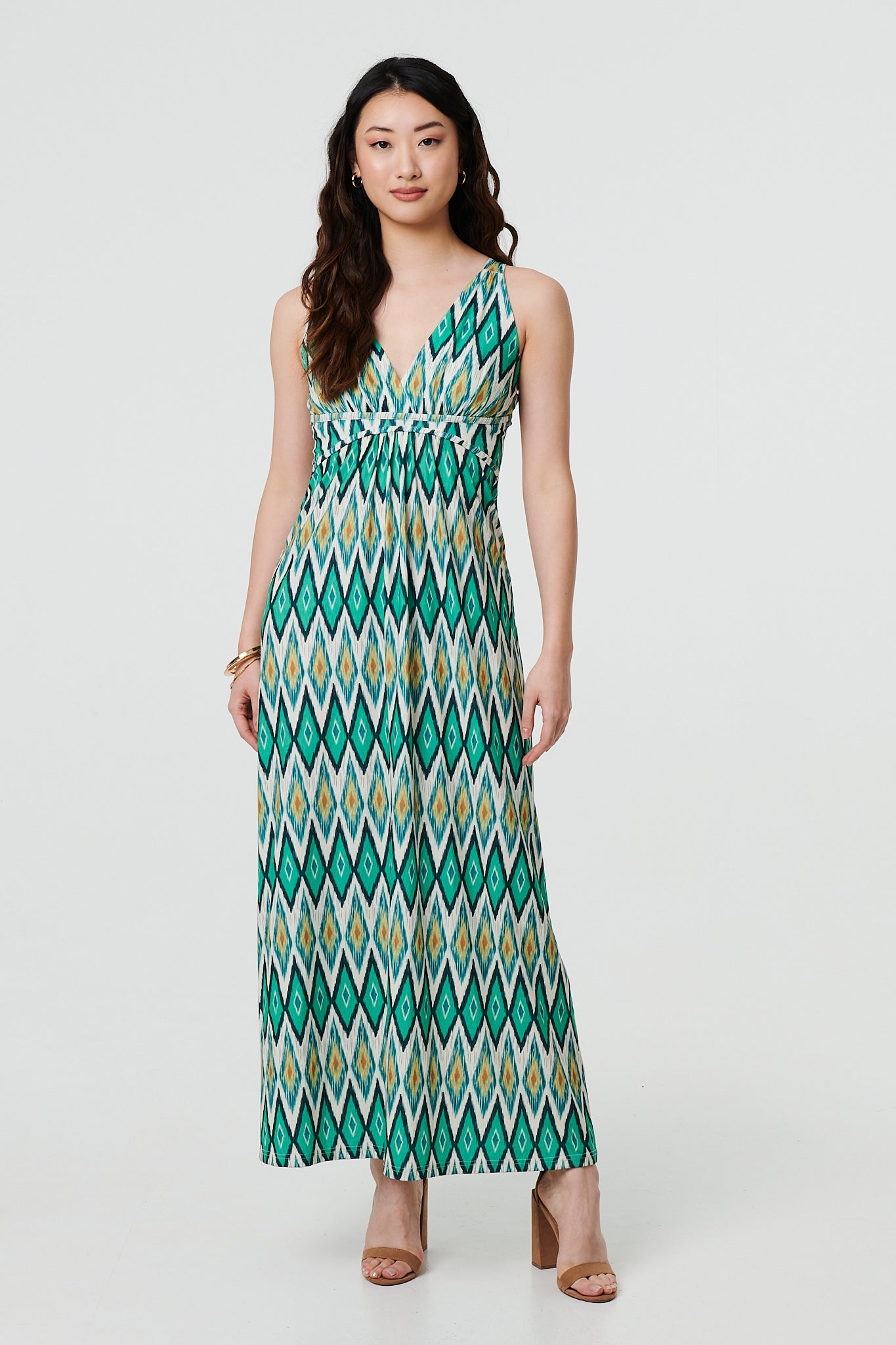 Abstract Print Sleeveless V-Neck Maxi Dress Front View