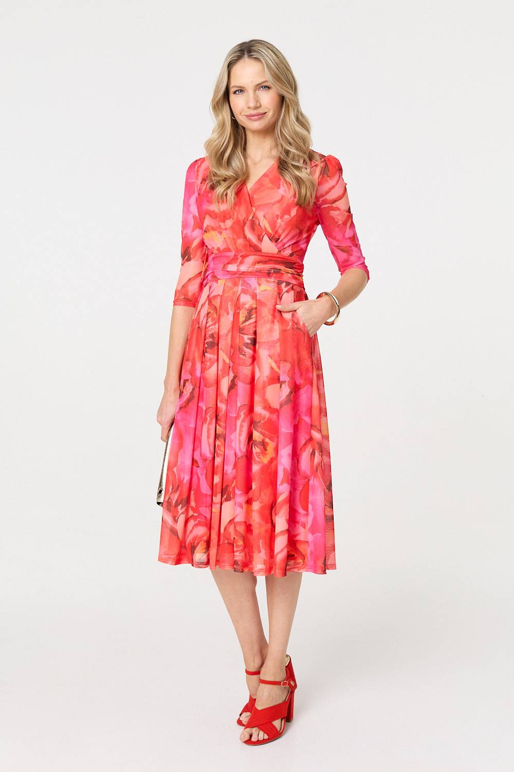 Floral Mesh Ruched Midi Faux Wrap Dress Detail View 2
