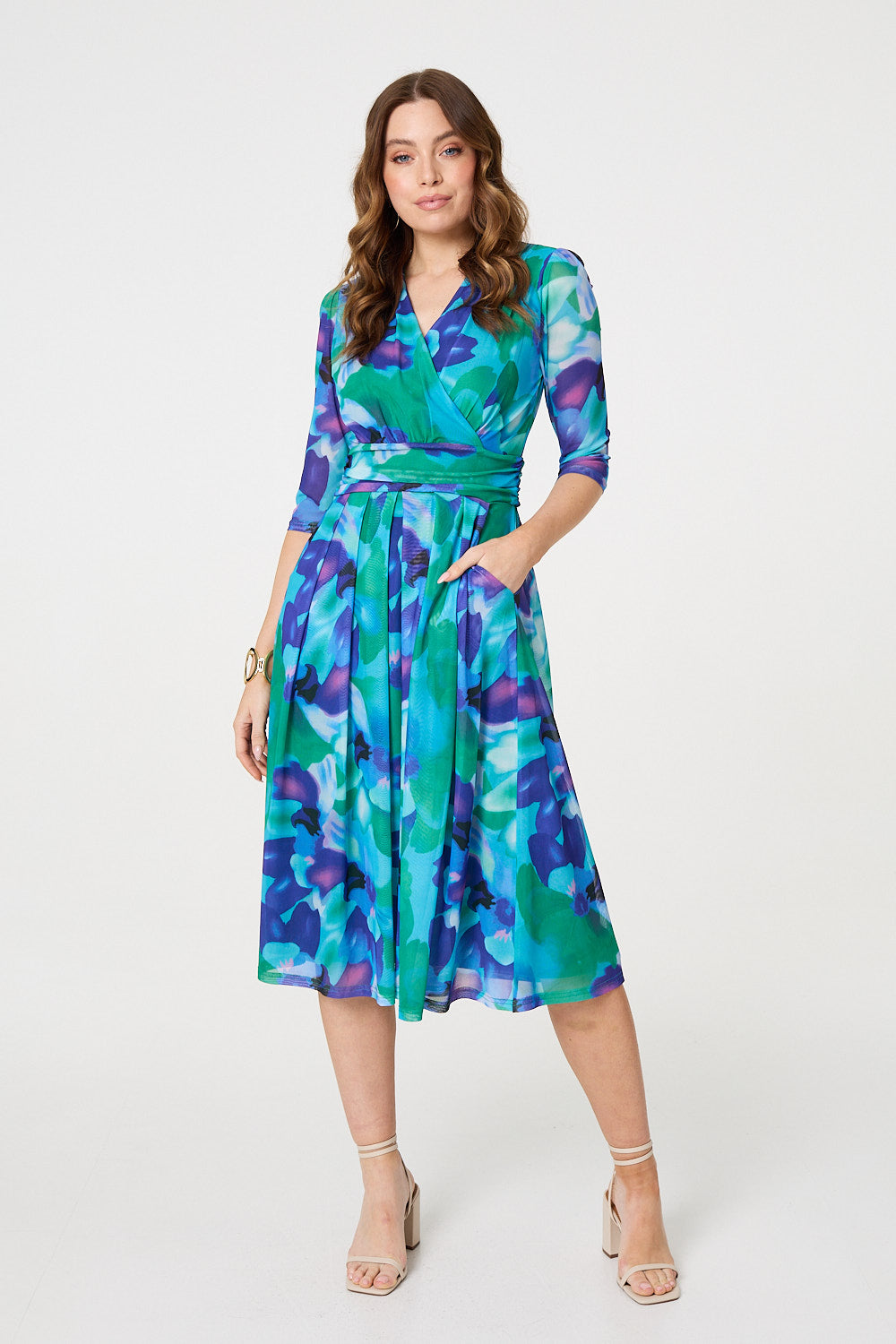 Printed Short Sleeve Pleated Wrap Midi Dress Front View
