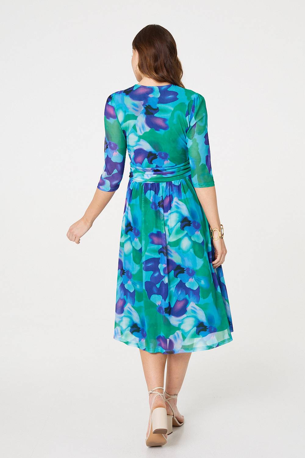 Printed Short Sleeve Pleated Wrap Midi Dress Back View