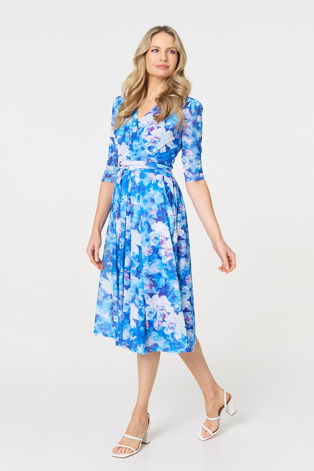Floral Mesh Pleated Faux Wrap Midi Dress Detail View