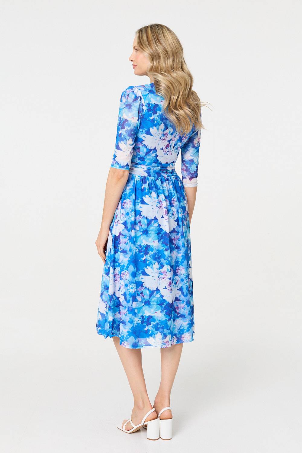 Floral Mesh Pleated Faux Wrap Midi Dress Back View