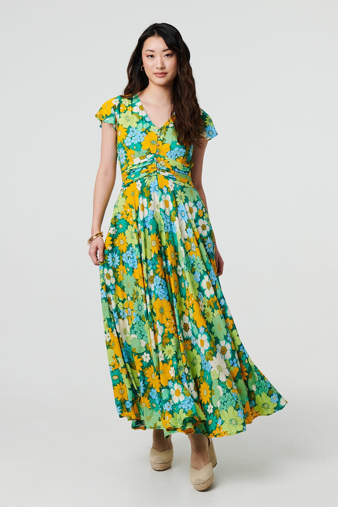 Floral Ruched Cap Sleeve Maxi Dress Side View
