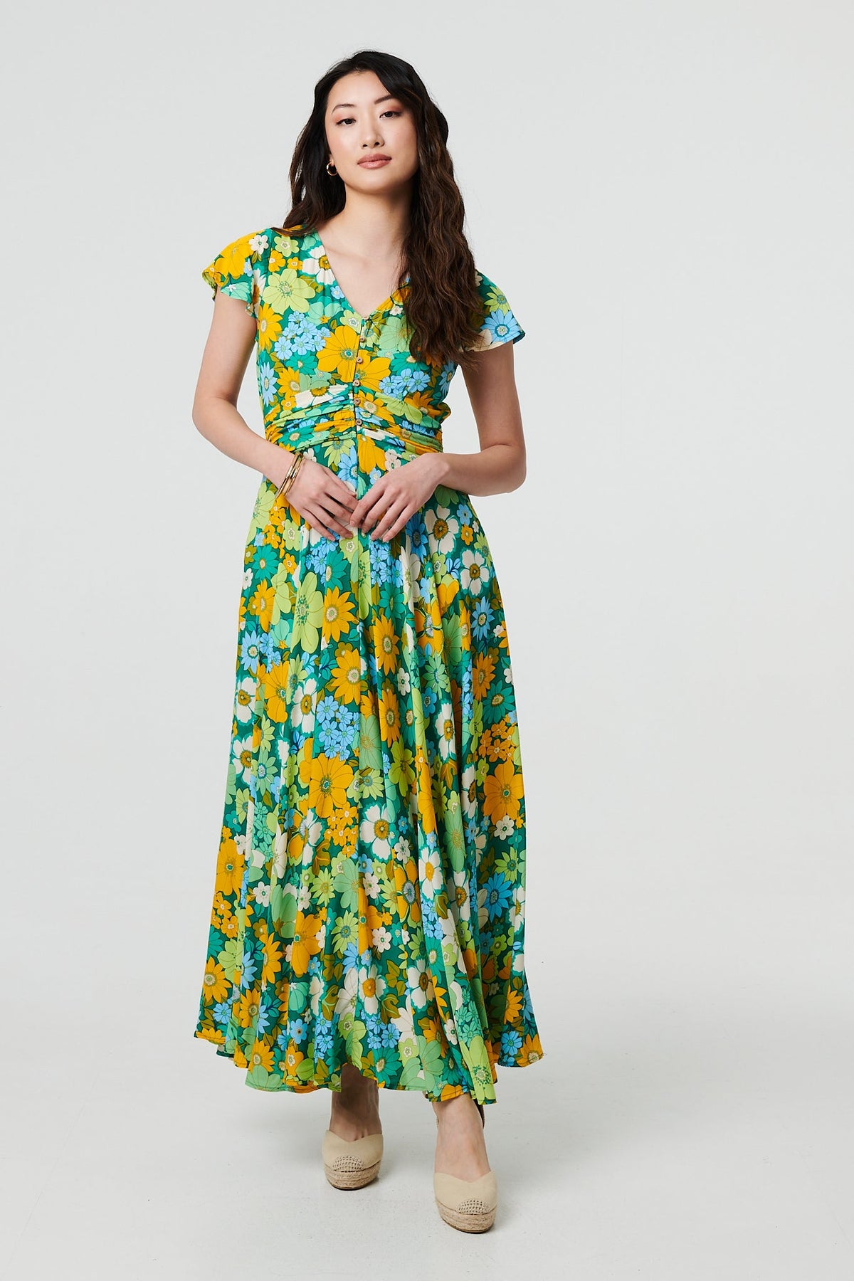 Floral Ruched Cap Sleeve Maxi Dress Back View 2