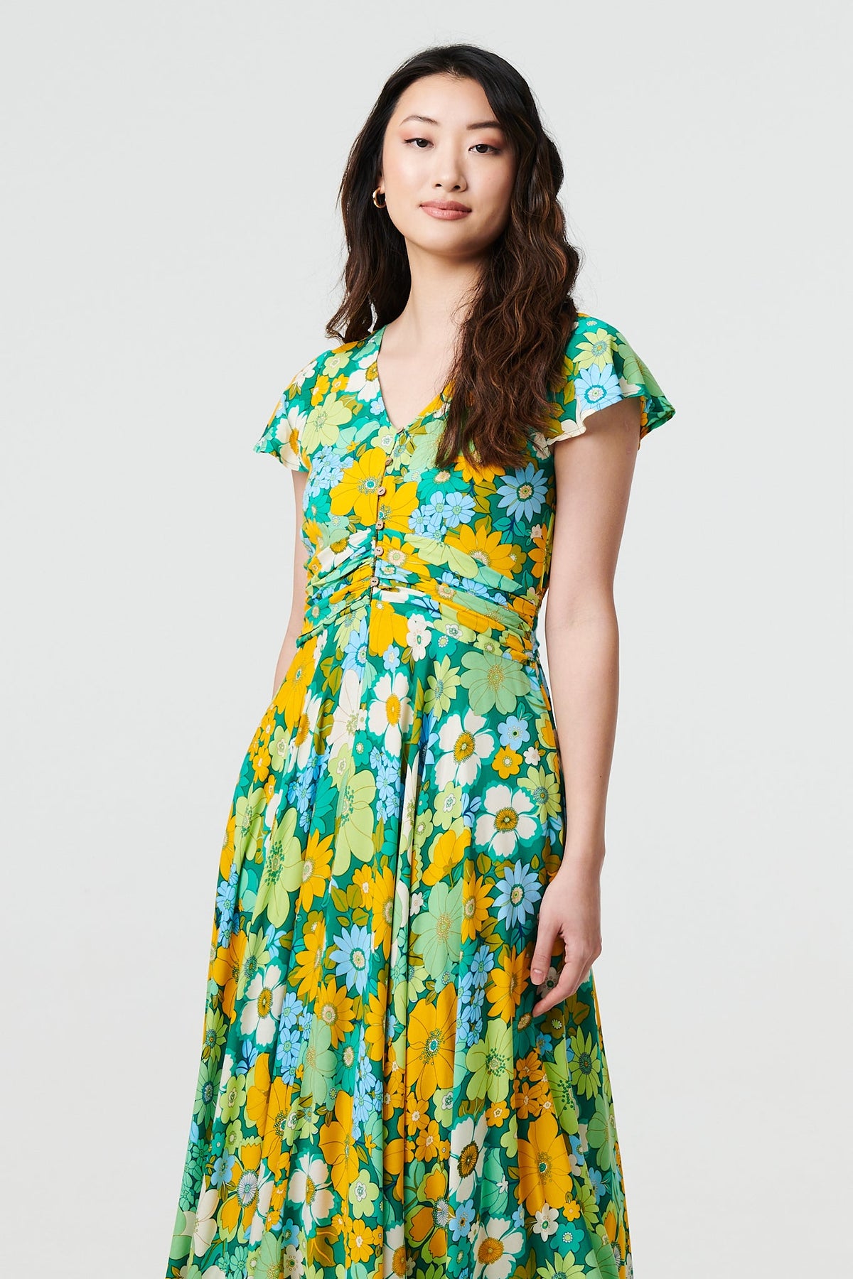 Floral Ruched Cap Sleeve Maxi Dress Detail View