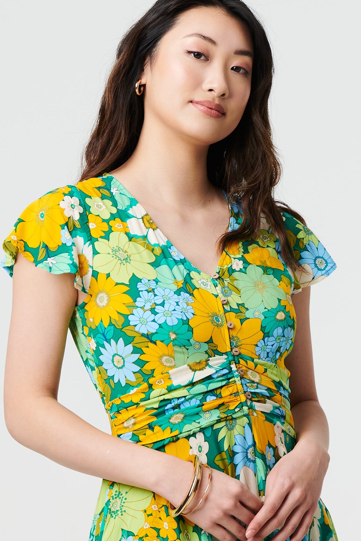 Floral Ruched Cap Sleeve Maxi Dress Full Length View