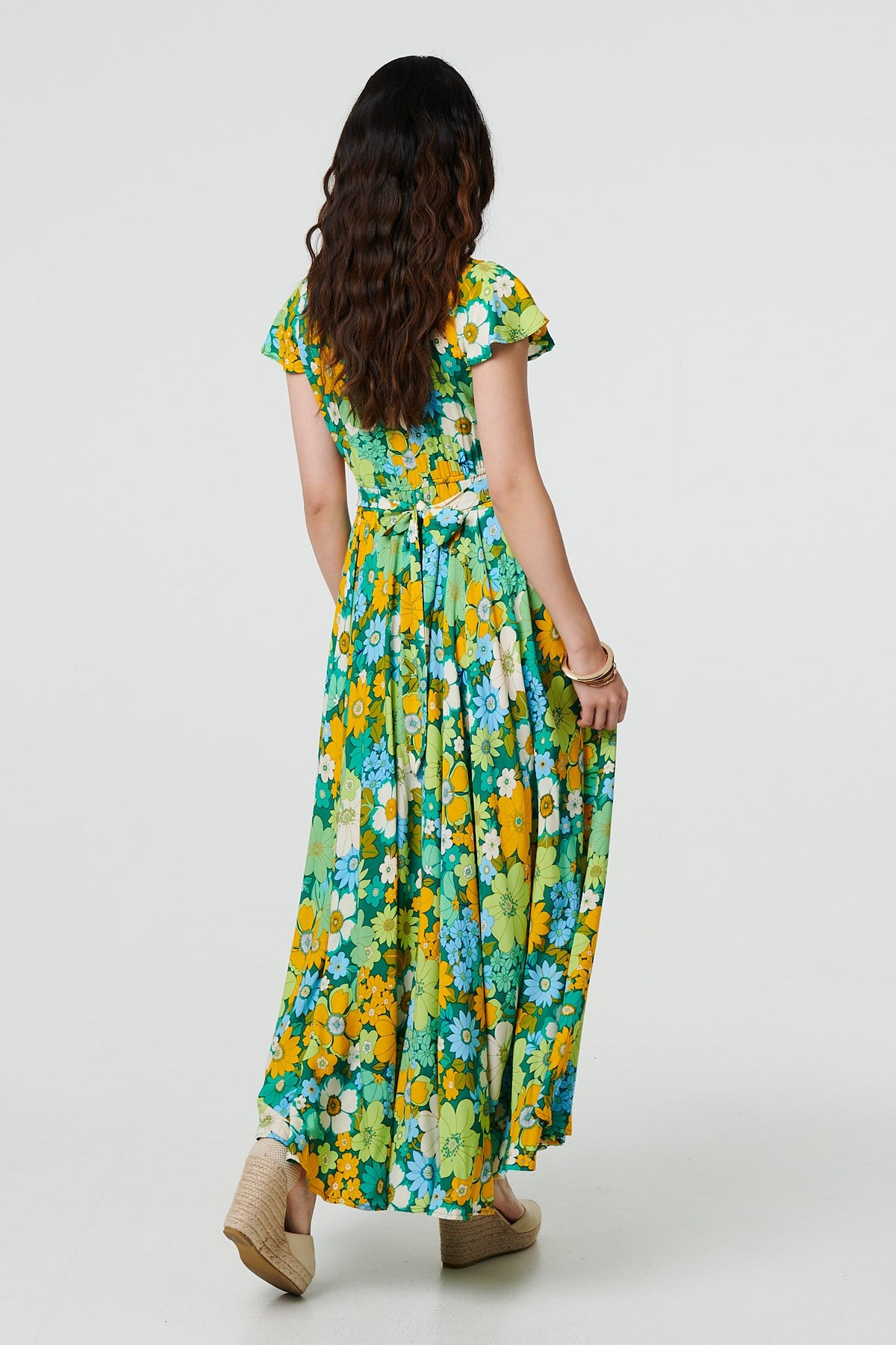 Floral Ruched Cap Sleeve Maxi Dress Styled View