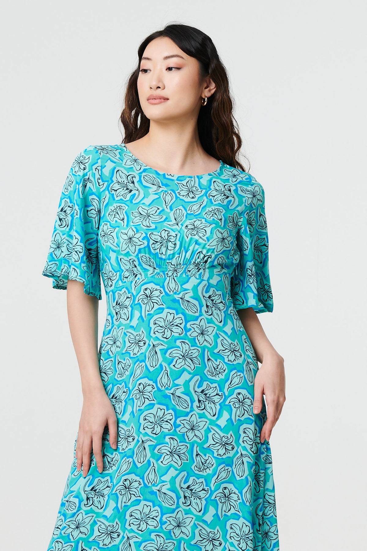Floral 1/2 Flare Sleeve Midi Dress Back View 2
