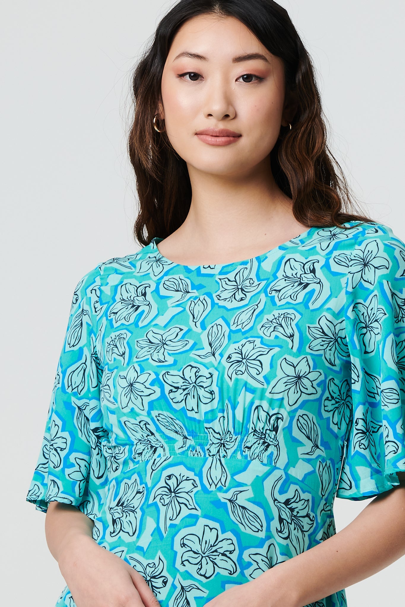 Floral 1/2 Flare Sleeve Midi Dress Side View