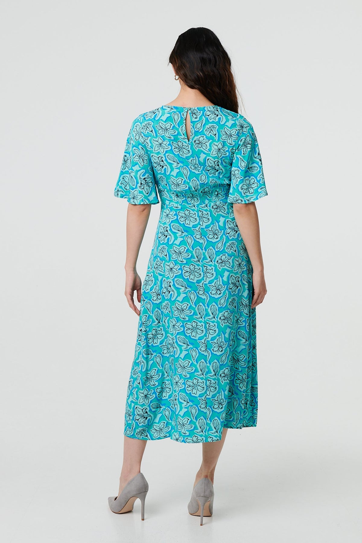 Floral 1/2 Flare Sleeve Midi Dress Back View