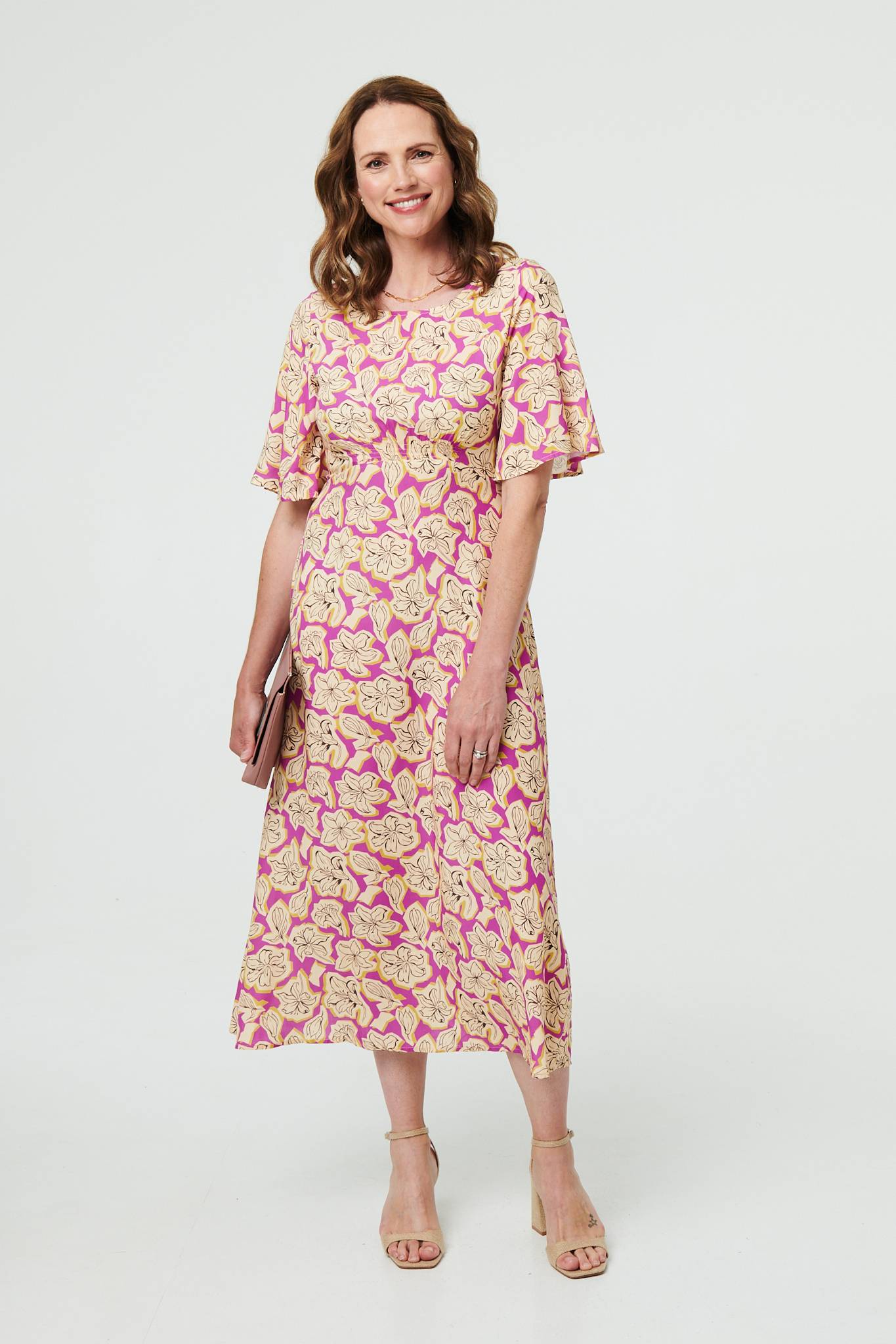 Floral 1/2 Flare Sleeve Midi Dress Full Length View