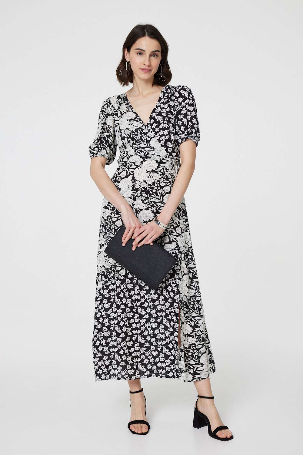 Floral 1/2 Sleeve Midi Wrap Dress Front View