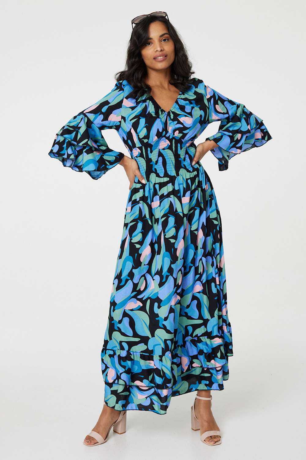 Printed Ruffle Hem Empire Maxi Dress Front View