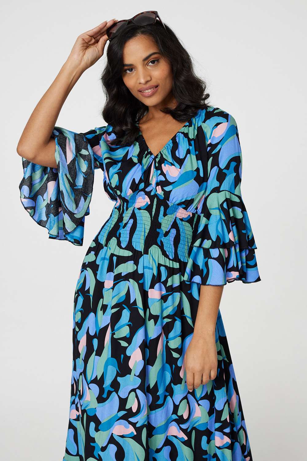 Printed Ruffle Hem Empire Maxi Dress Back View