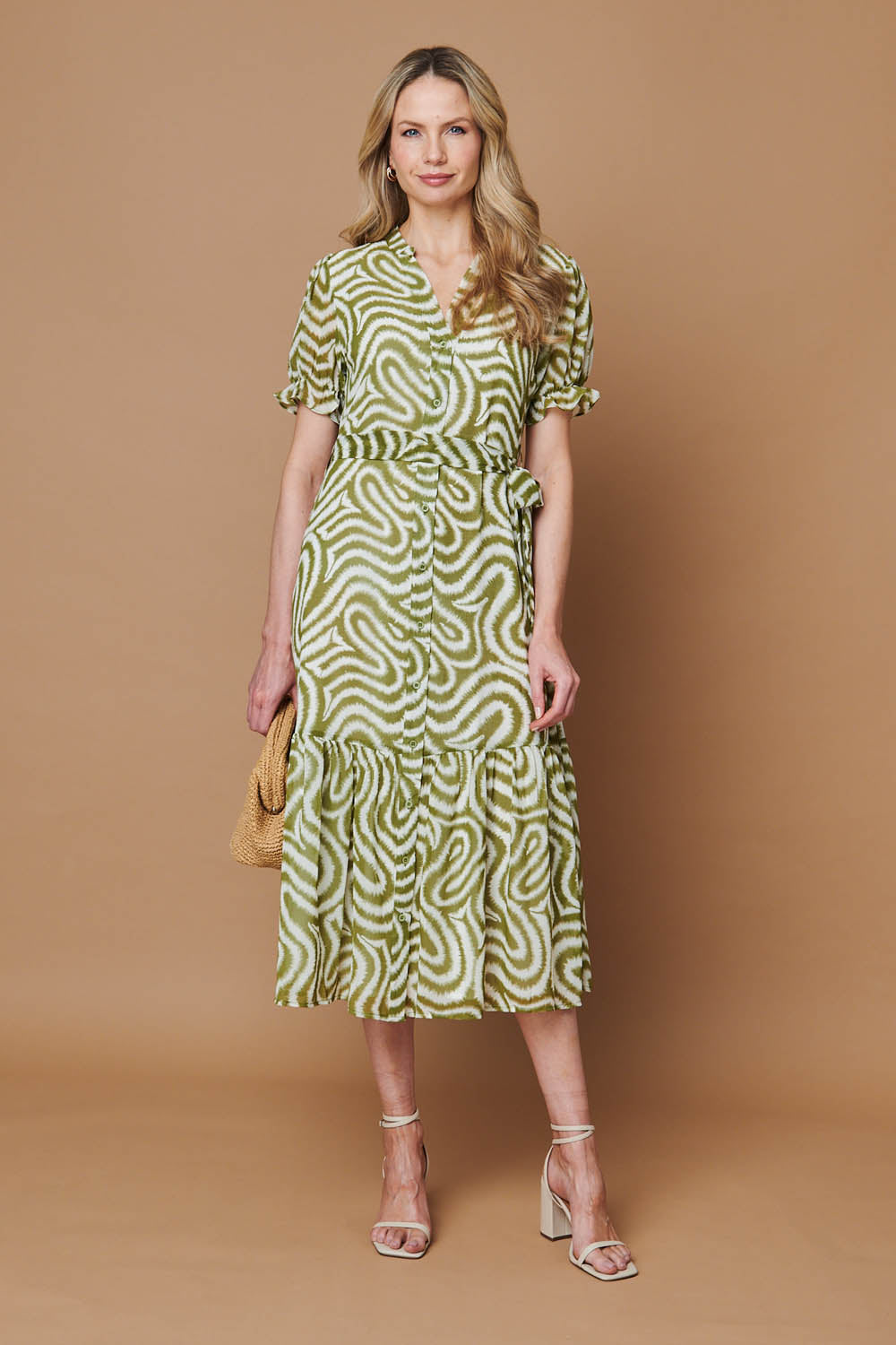 Printed Short Sleeve Midi Shirt Dress Detail View