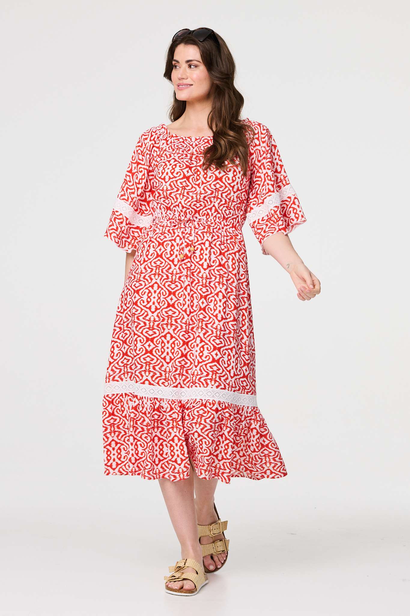 Printed Relaxed Lace Trim Midi Dress Front View