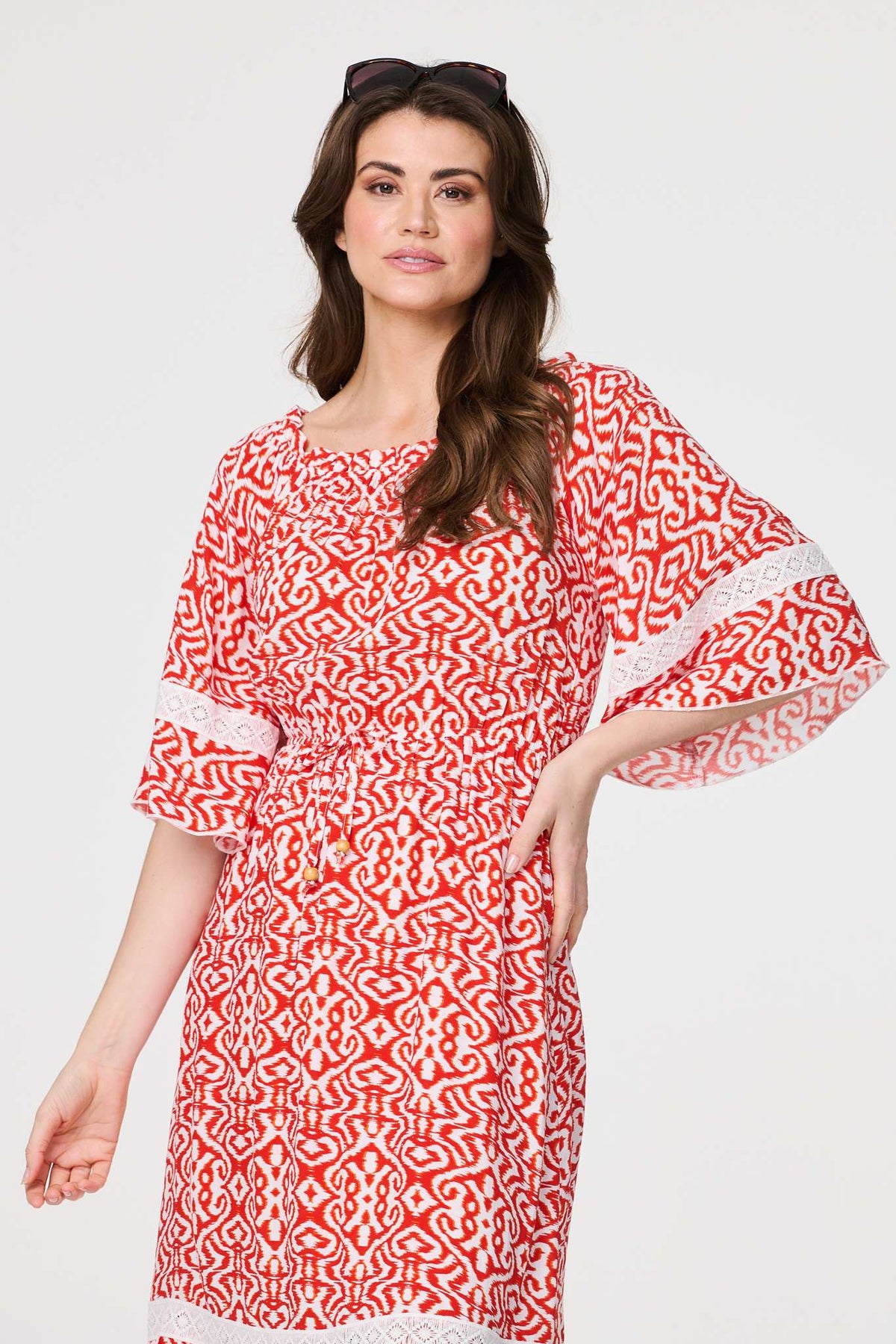 Printed Relaxed Lace Trim Midi Dress Styled View