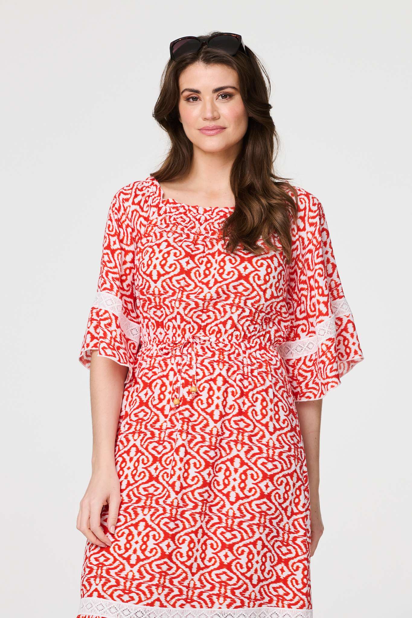 Printed Relaxed Lace Trim Midi Dress Detail View