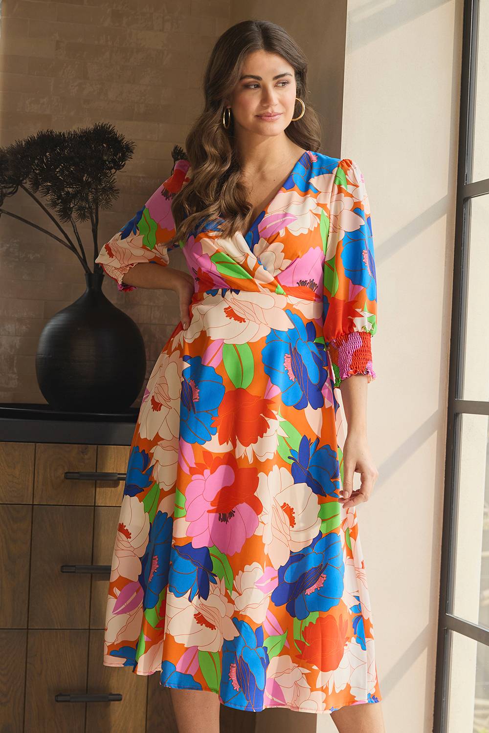 Floral 3/4 Sleeve Midi Dress Back View